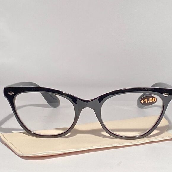 0766 Patty Reading Glasses 1.50 Readers Black Modified Cateye Frames NWT - Picture 1 of 8